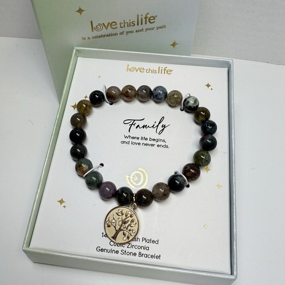 Love This Life Jasper Stone Beaded Family Tree Charm Stretch Bracelet New